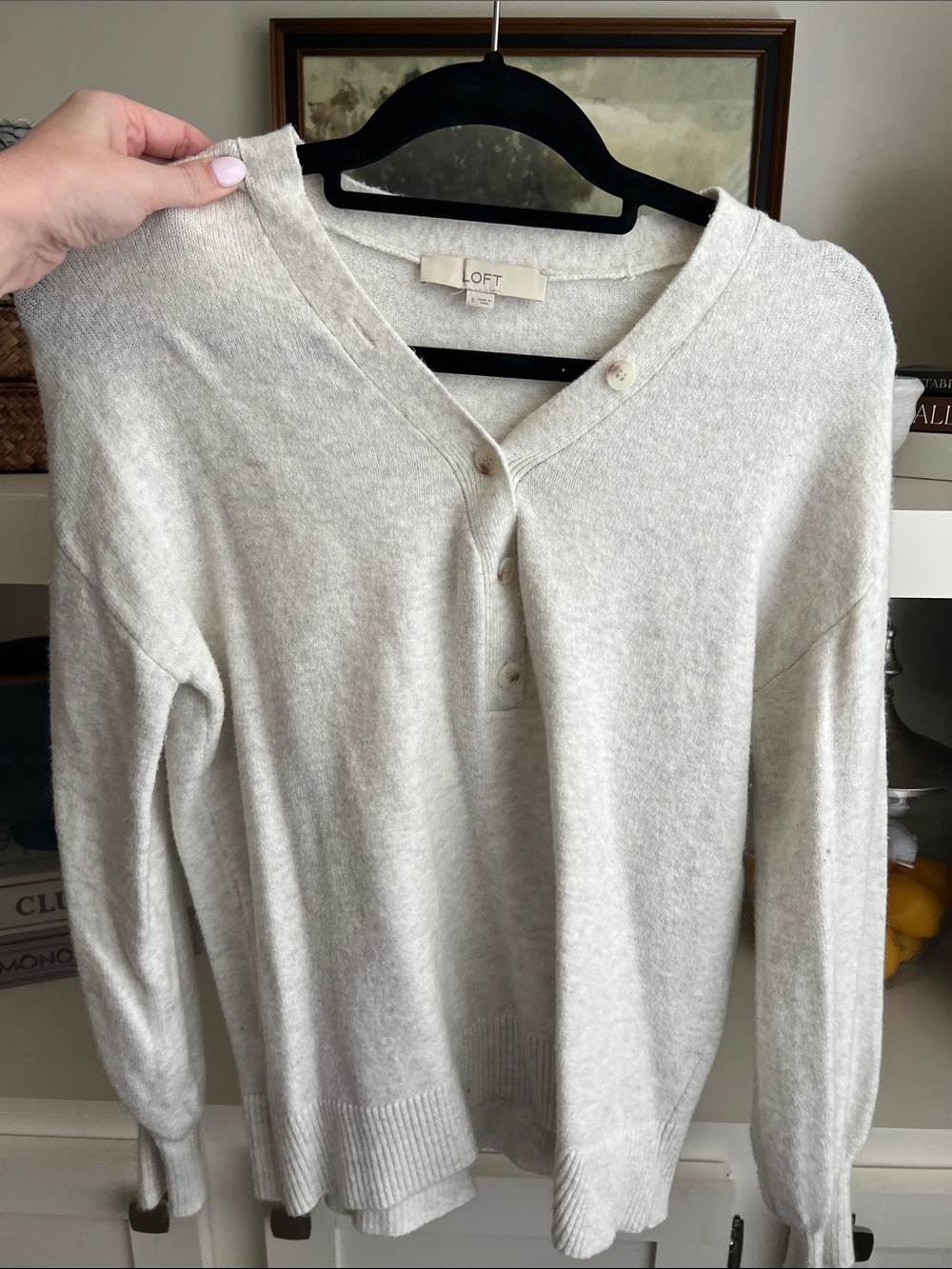 LOFT Cream V-Neck Henley Sweater